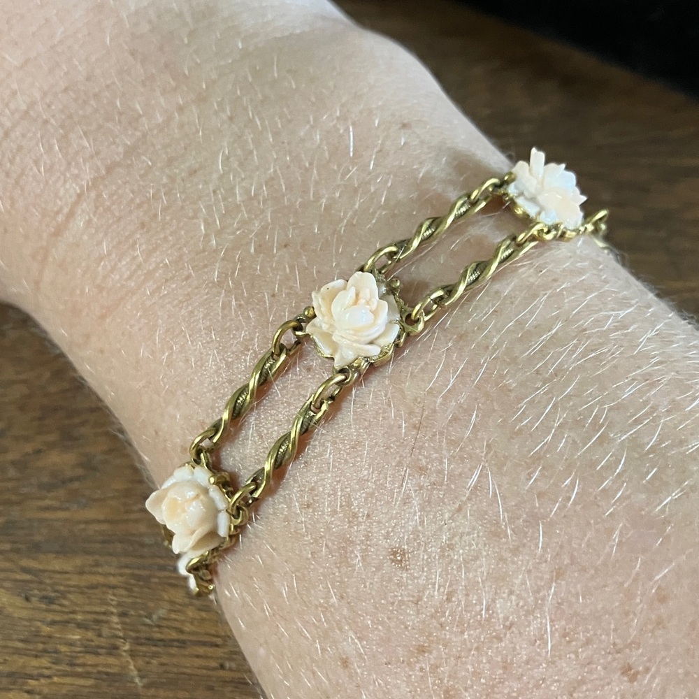 Goldette NY Vintage Victorian Revival Costume Bracelet with Pink Rose Accents
